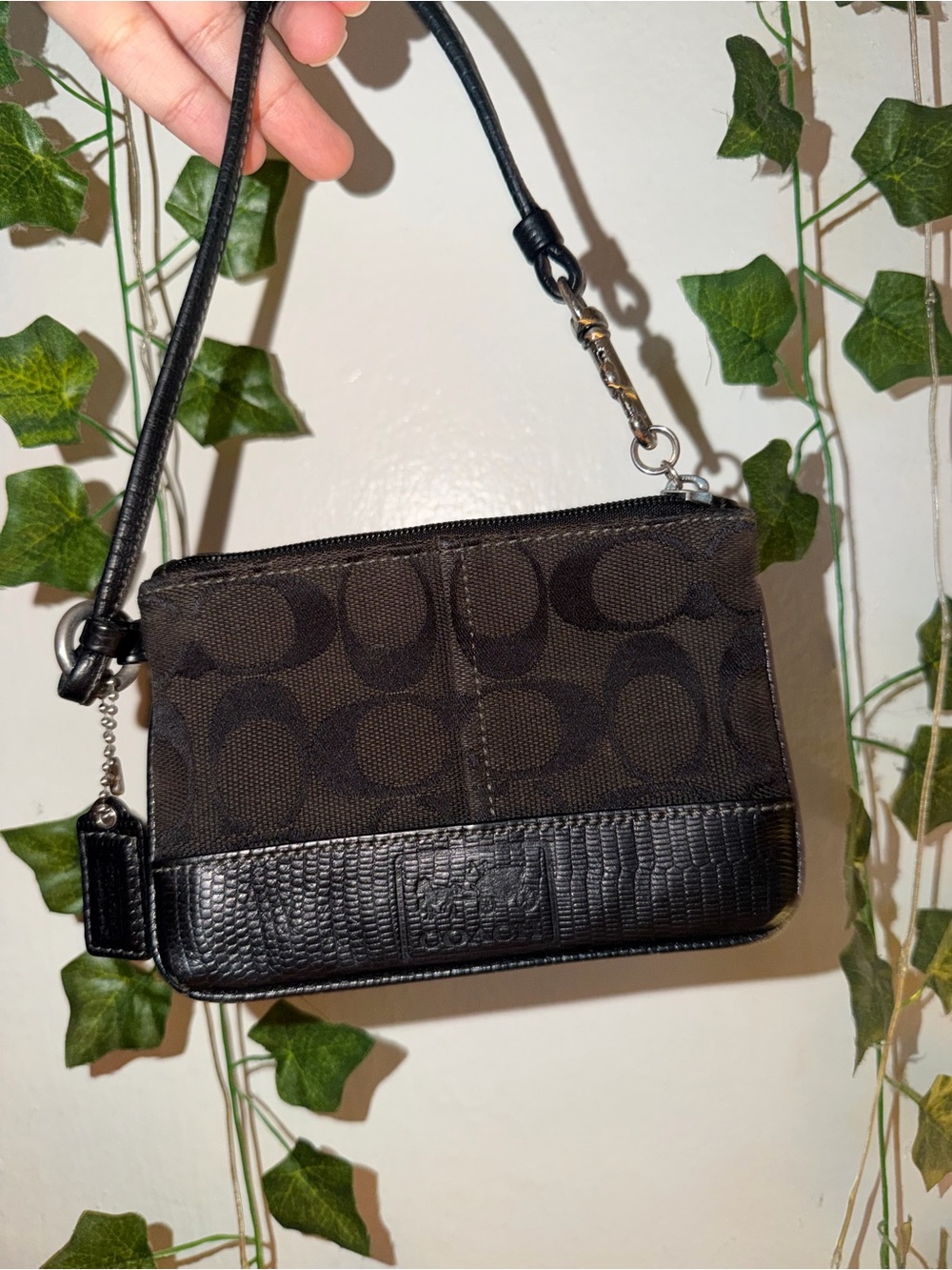 Coach Black Signature Mini Wristlet with Leather Trim